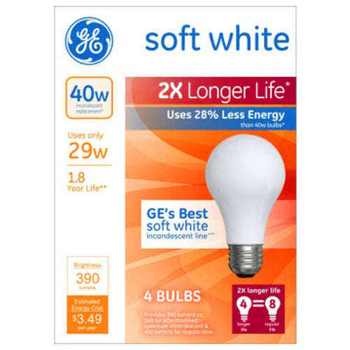GE 70337 Soft White Long Life A19 Incandescent Bulb, Soft White, 29W, 4-Pack