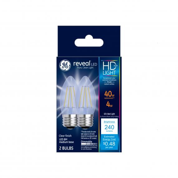 GE 31891 Reveal HD+ Clear Blunt Tip Medium-Base BM Dimmable LED Bulb, 4W, 2-Pk