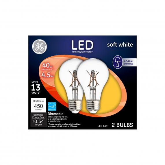 GE 37669 Dimmable A19 Clear General Purpose LED Bulb, Soft White, 4.5W, 2-Pack