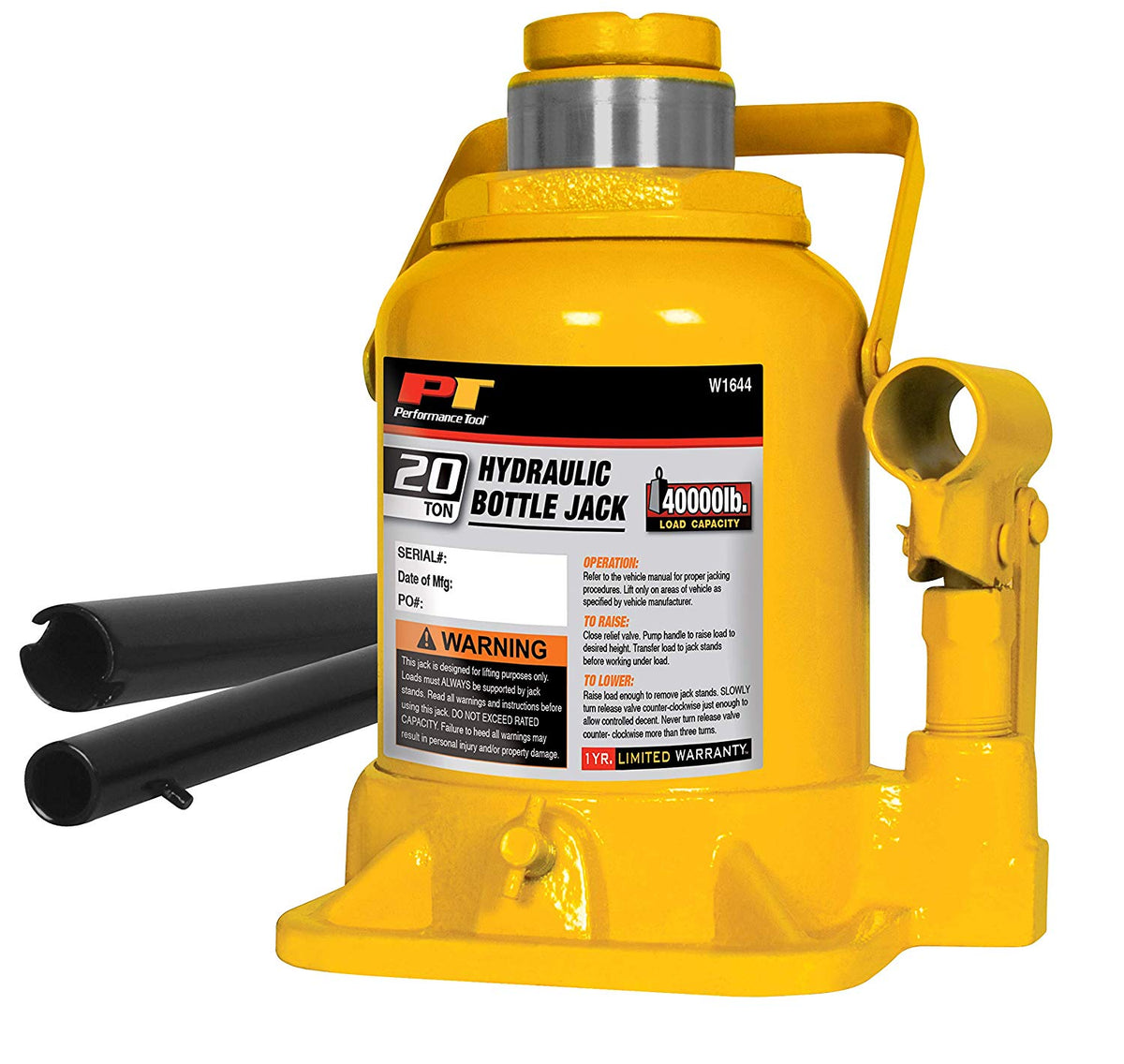 Performance Tool W1644 Shorty Hydraulic Bottle Jack, 20 Ton