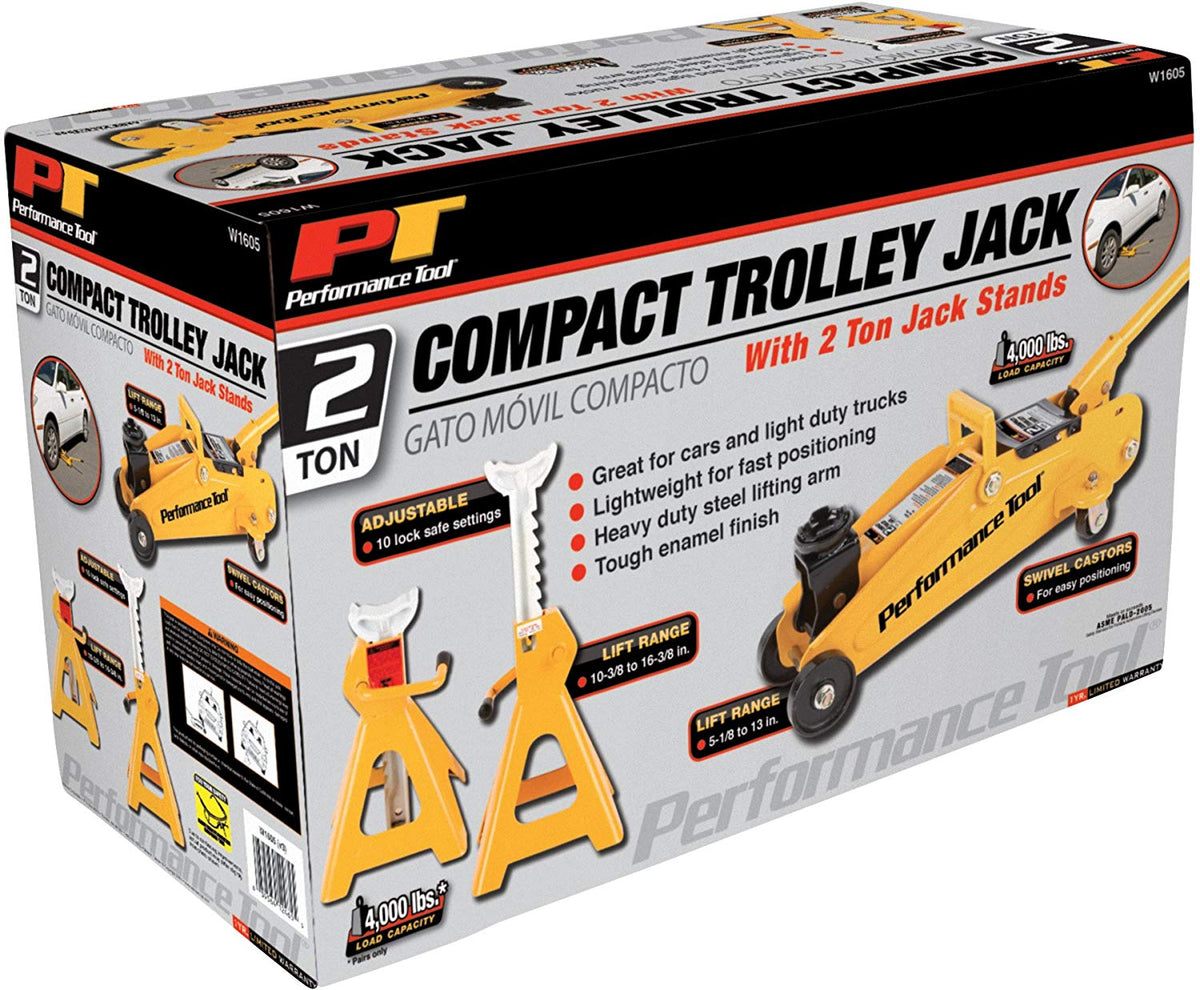 Performance Tool W1605 Compact Trolley Jack with 2-Ton Jack Stands