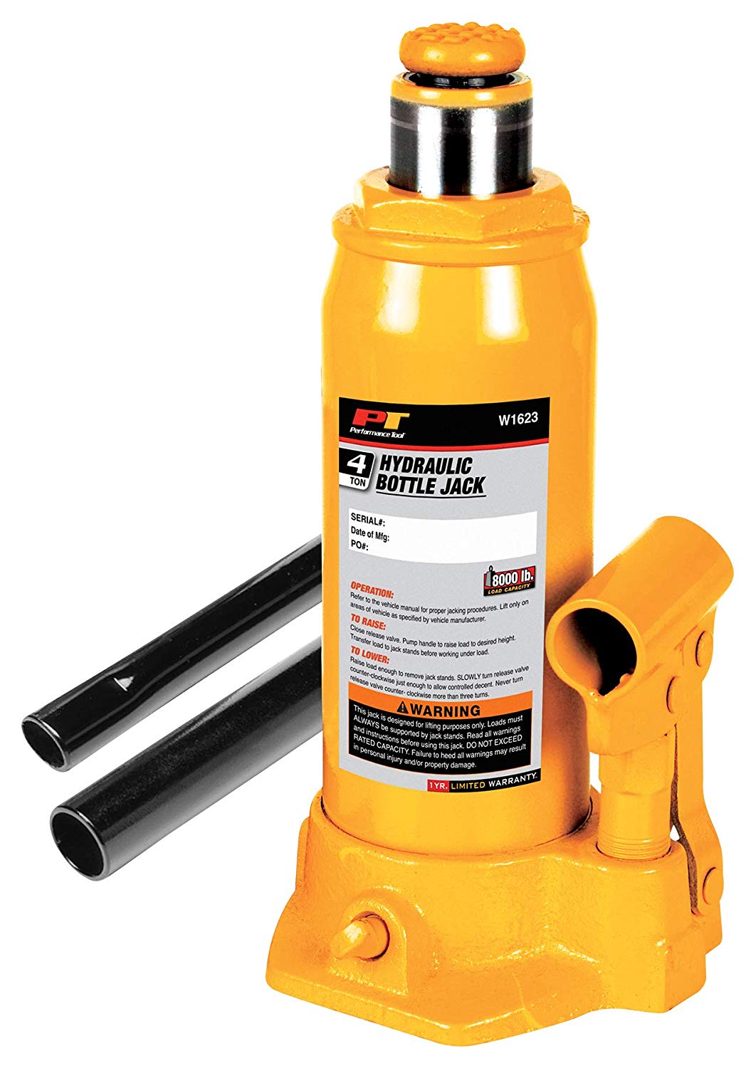 Performance Tool W1623 Hydraulic Bottle Jack, 4-Ton Load Capacity