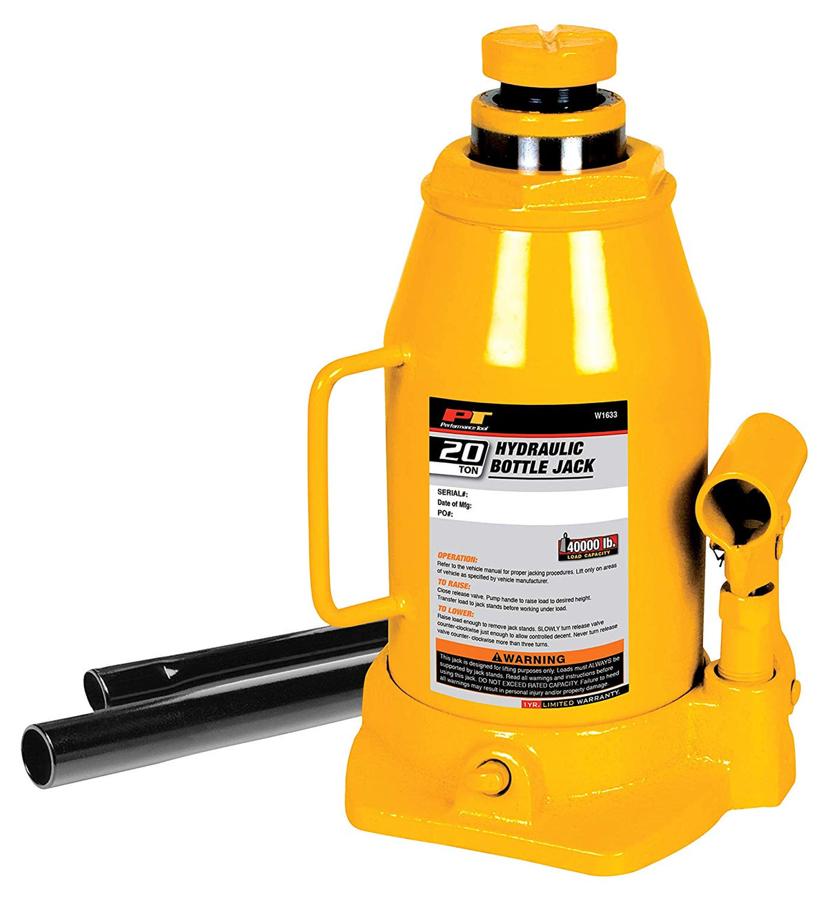 Performance Tool W1633 Hydraulic Bottle Jack, 20 Ton Load Capacity
