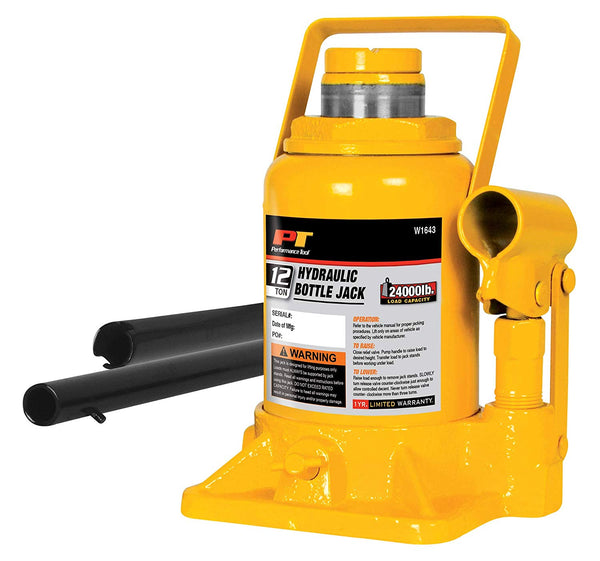 Performance Tool W1643 Hydraulic Bottle Jack, 12-Ton Load Capacity