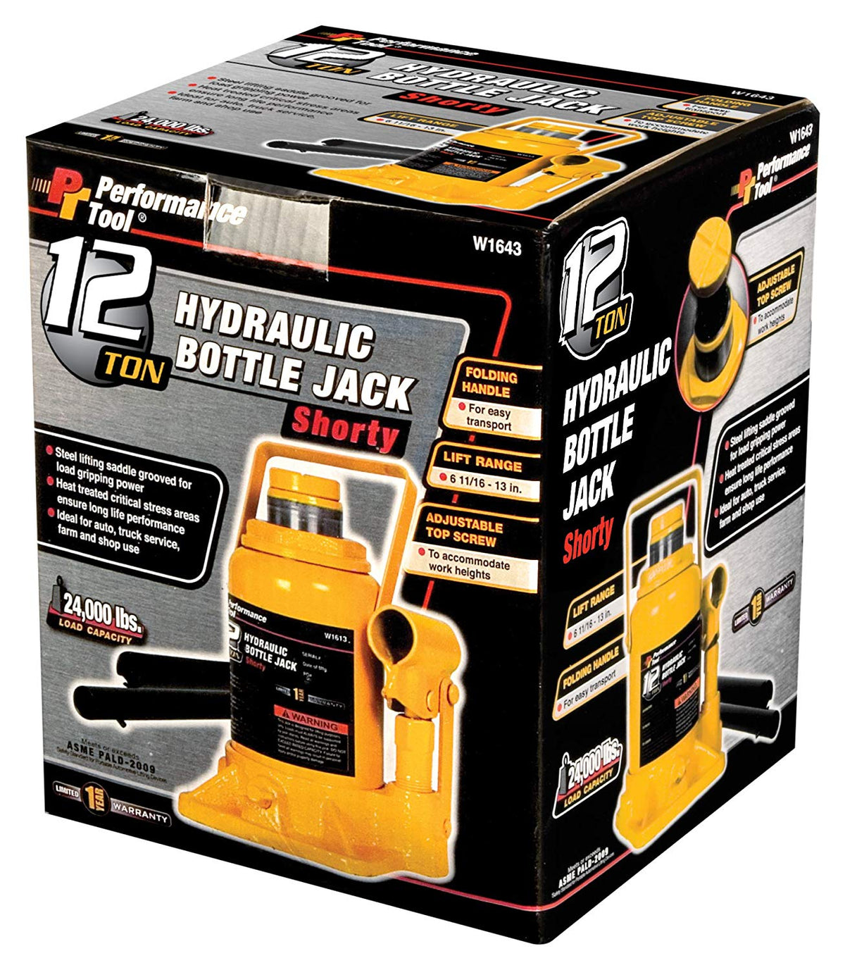 Performance Tool W1643 Hydraulic Bottle Jack, 12-Ton Load Capacity