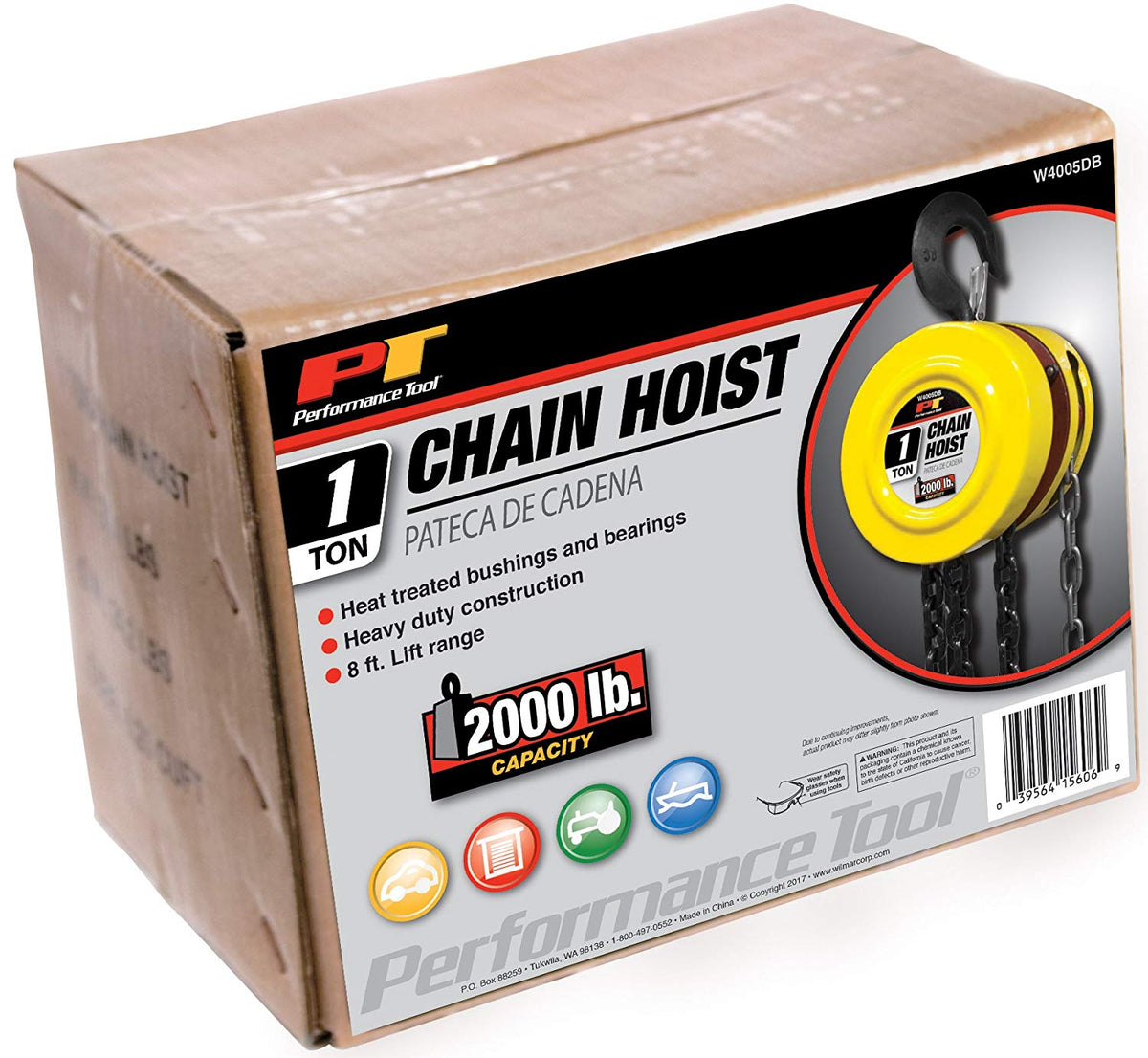 Performance Tool W4005DB Chain Hoist with 1 Ton Load Capacity & 8' Lift Range
