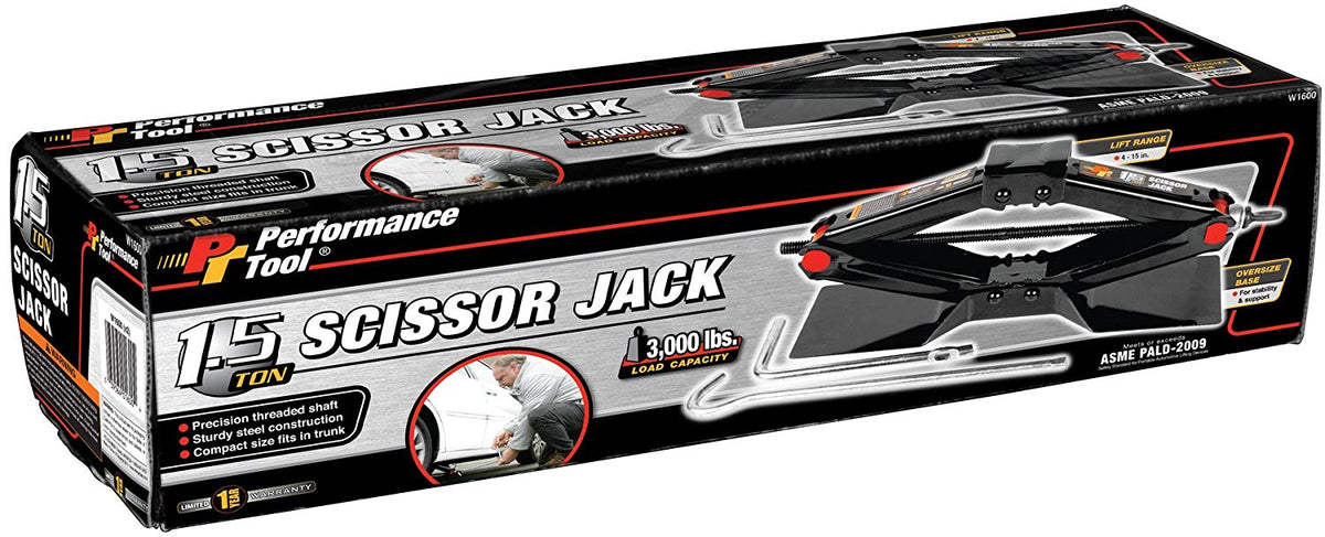 Performance Tool W1600 Scissor Jack, 1-1/2 Ton Capacity, 4" - 15" Lift Range
