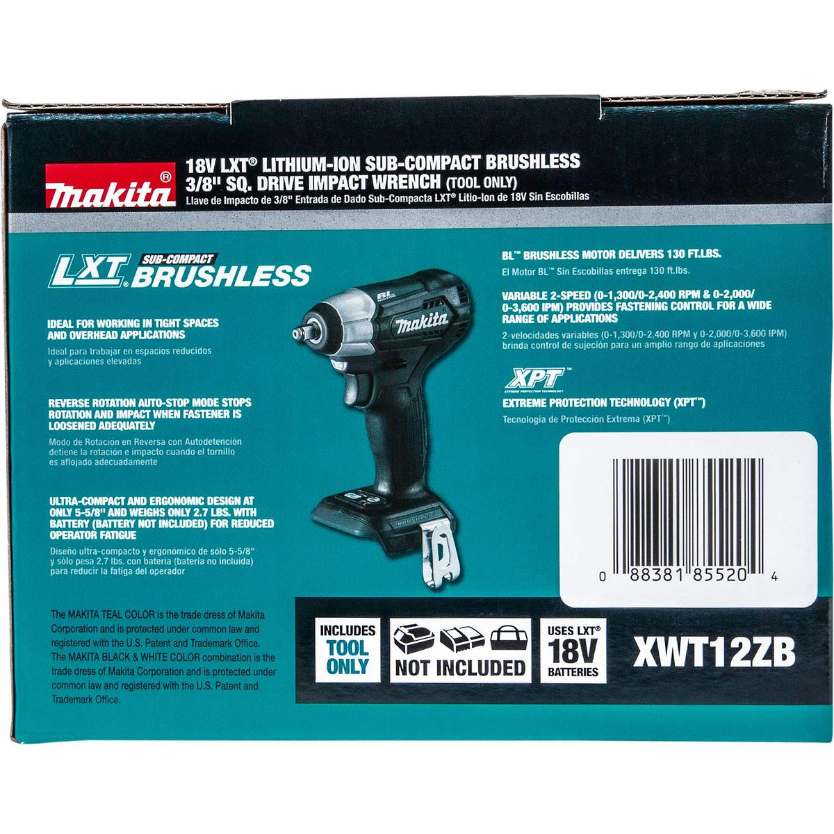 Makita XWT12ZB Cordless Brushless Sub-Compact Impact Wrench, 3/8