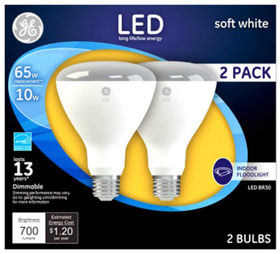GE 40918 Dimmable BR30 Indoor Floodlight LED Bulb, Soft White, 10W, 2-Pack