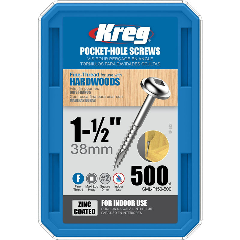 Kreg SML-F150-500 Fine-Thread Pocket-Hole Screws for Hardwood, Zinc-Coated, 1.5"