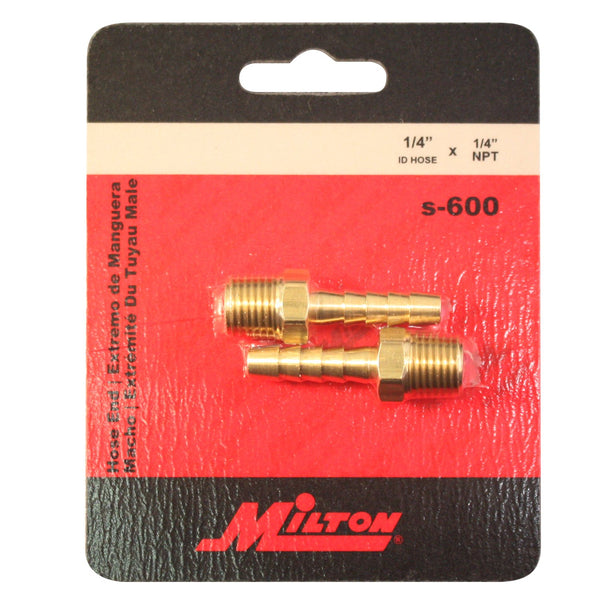 Milton S-600 Brass Hose End Fitting, 1/4" ID x 1/4" MNPT, 2-Pack