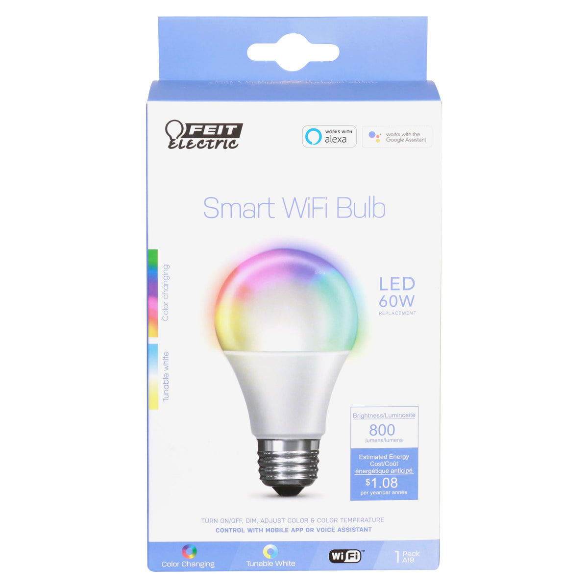 Feit OM60/RGBW/CA/AG Smart WiFi Color Changing LED Bulb, Tunable White, 9W