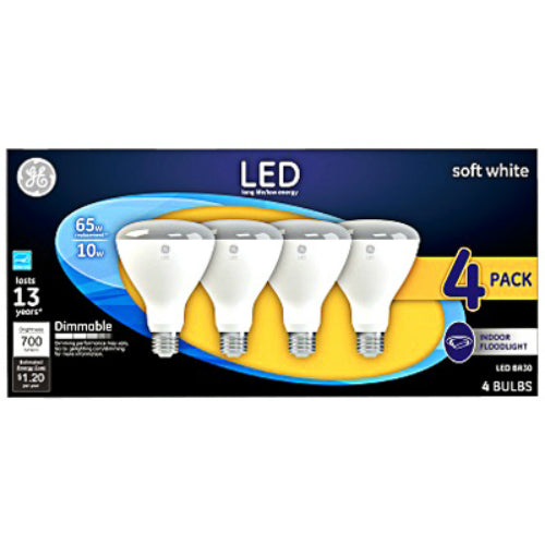 GE 40925 Dimmable BR30 LED Indoor Floodlight Bulb, Soft White, 10W, 4-Pack