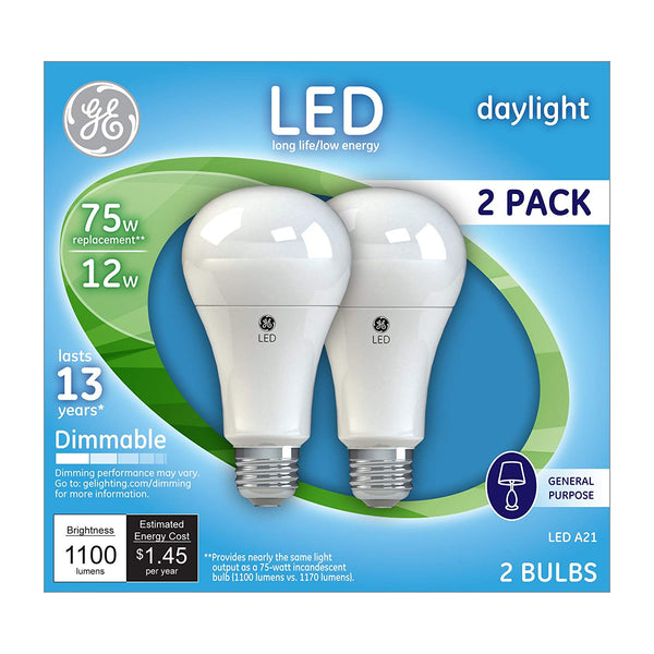 GE Lighting 66117 Dimmable A21 Medium Base LED Bulb, Daylight, 12W, 2-Pack