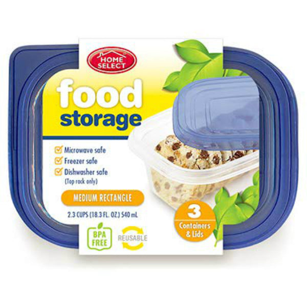 Home Select 11342-12 Rectangle Food Storage Container, Medium, 2.3 Cup, 3-Count