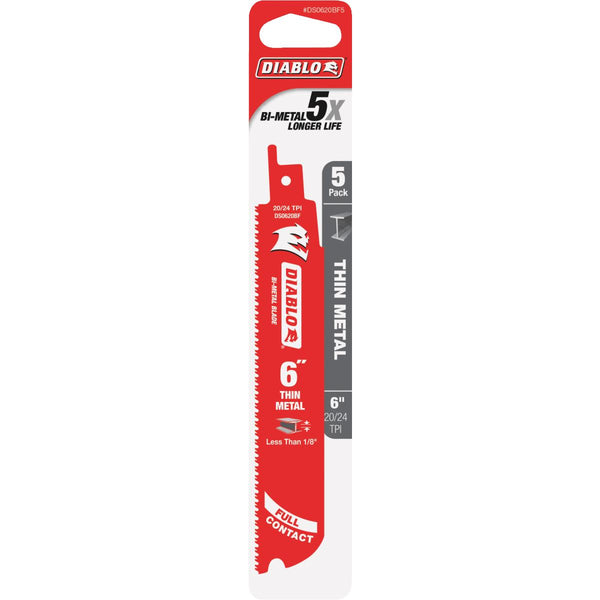 Diablo DS0620BF5 Bi‑Metal Recip Blade for Thin Metal, 20/24 TPI, 6", 5-Pack