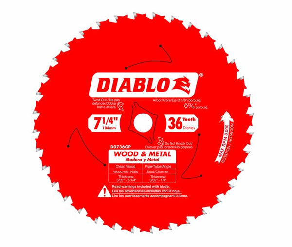 Diablo D0736GPX Wood & Metal Carbide Saw Blade, 36 Tooth, 7‑1/4"