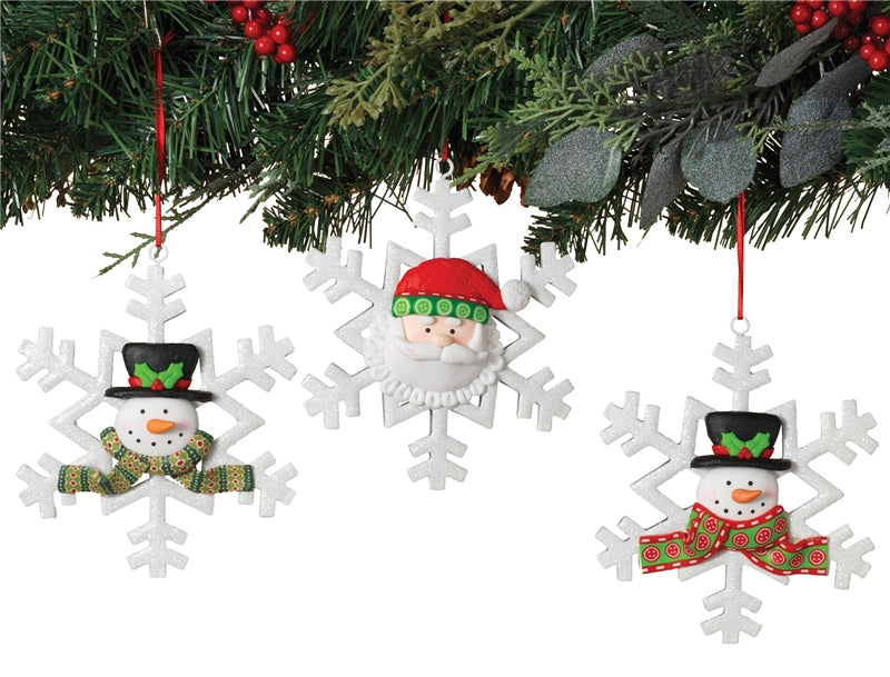 Gerson 2358750 Snowman / Santa On Snowflake Ornament, 5-1/2"
