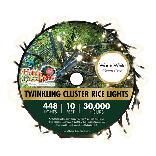 Holiday Bright LED-3MCR448-GWW Twinkling Cluster Rice 448 W-White Light Set, 10'