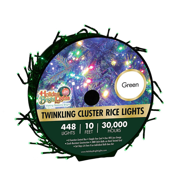 Holiday Bright LED-3MCR448-GGR Twinkling Cluster Rice 448 Green Light Set, 10'