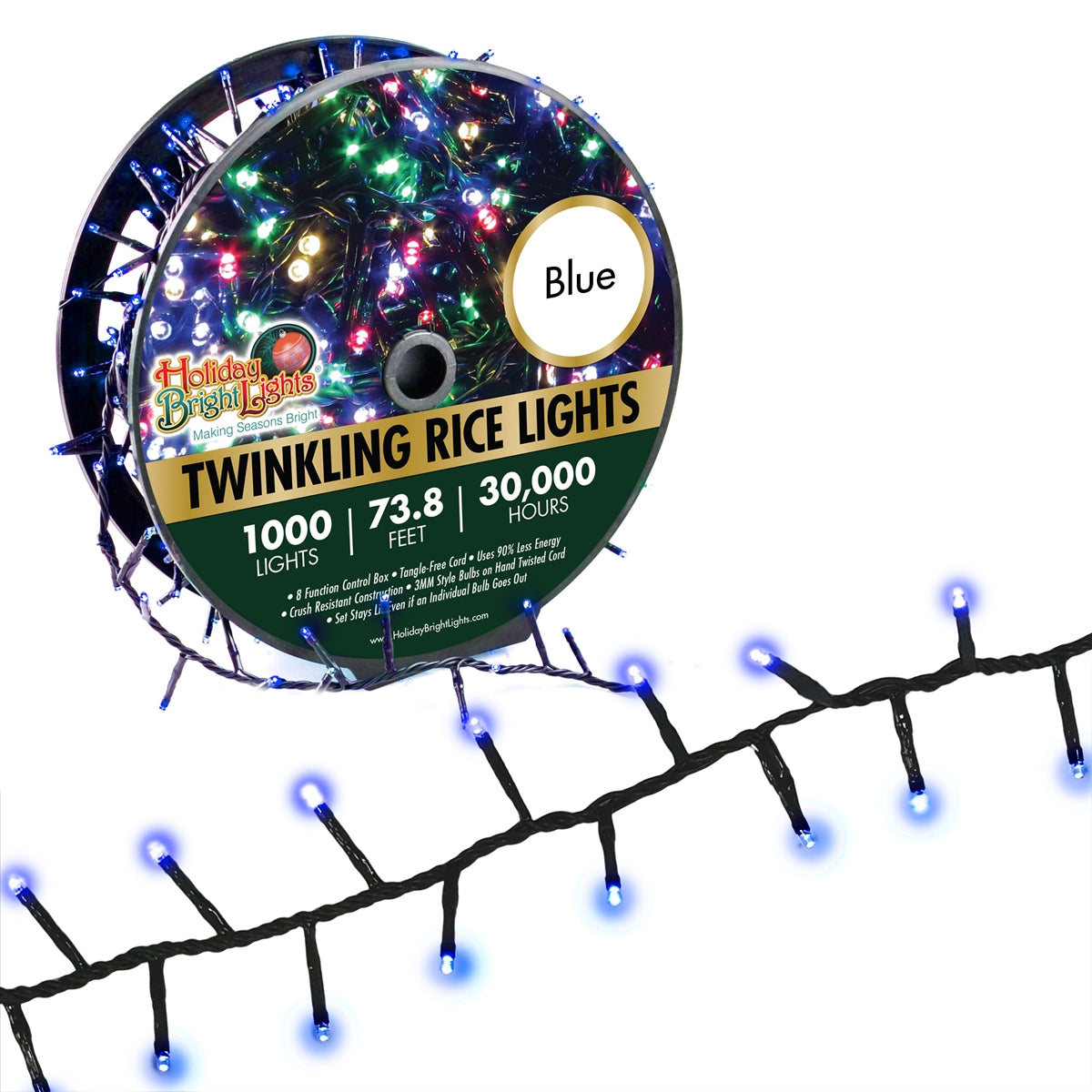 Holiday Bright LED-3MR1000-GBL Twinkling Straight Rice 1000 Blue Light Set, 74'
