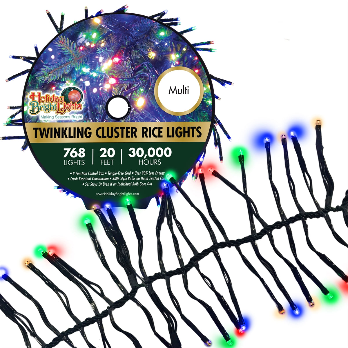 Holiday Bright LED-3MCR768-GMU Twinkling Cluster Rice 768 Multi Light Set, 20'