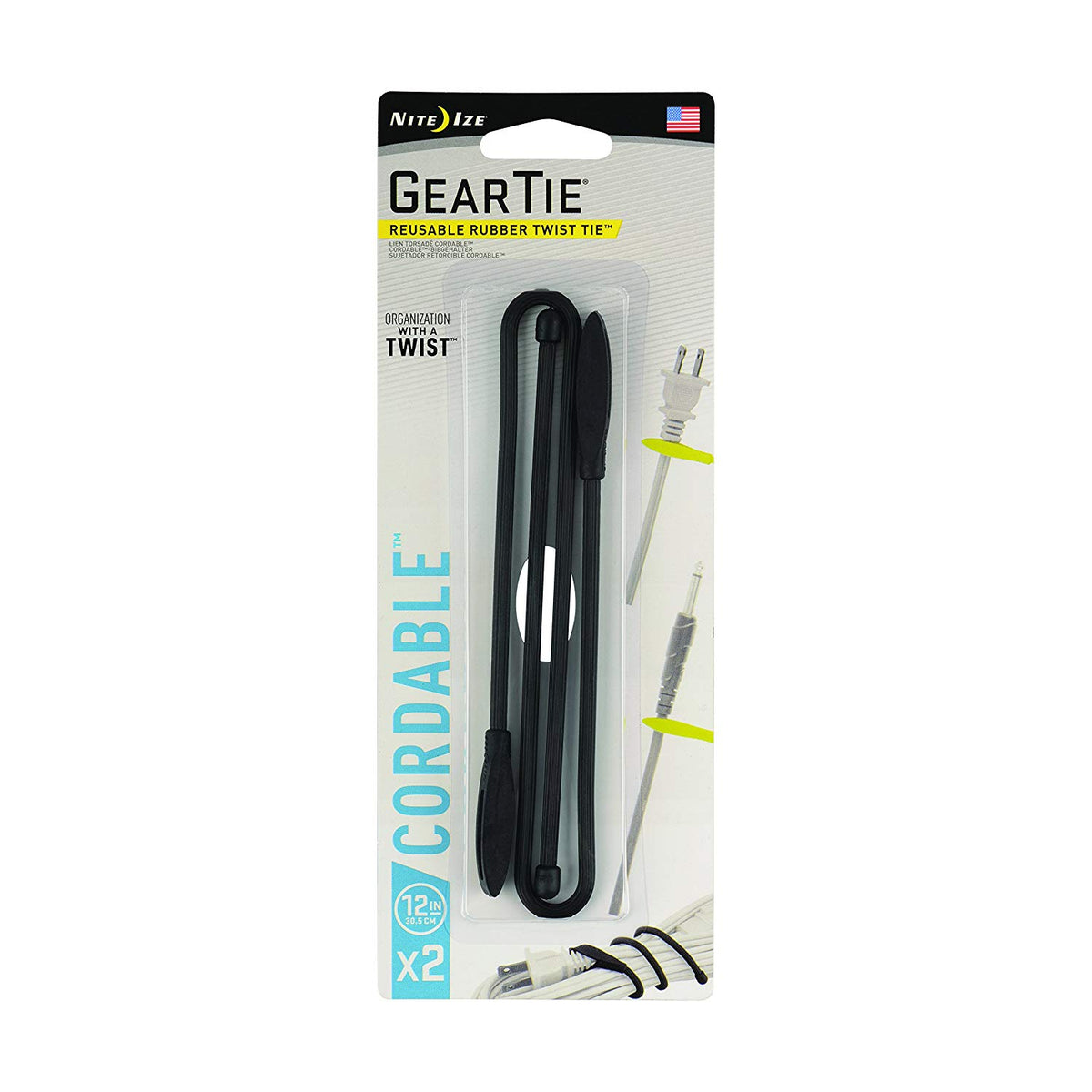 Nite Ize GTK12-01-2R7 Gear Tie Cordable Twist Tie, Black, 12"