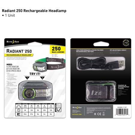 Nite Ize R250RH-17-R7 Radiant 250 Rechargeable Headlamp, 250 Lumens