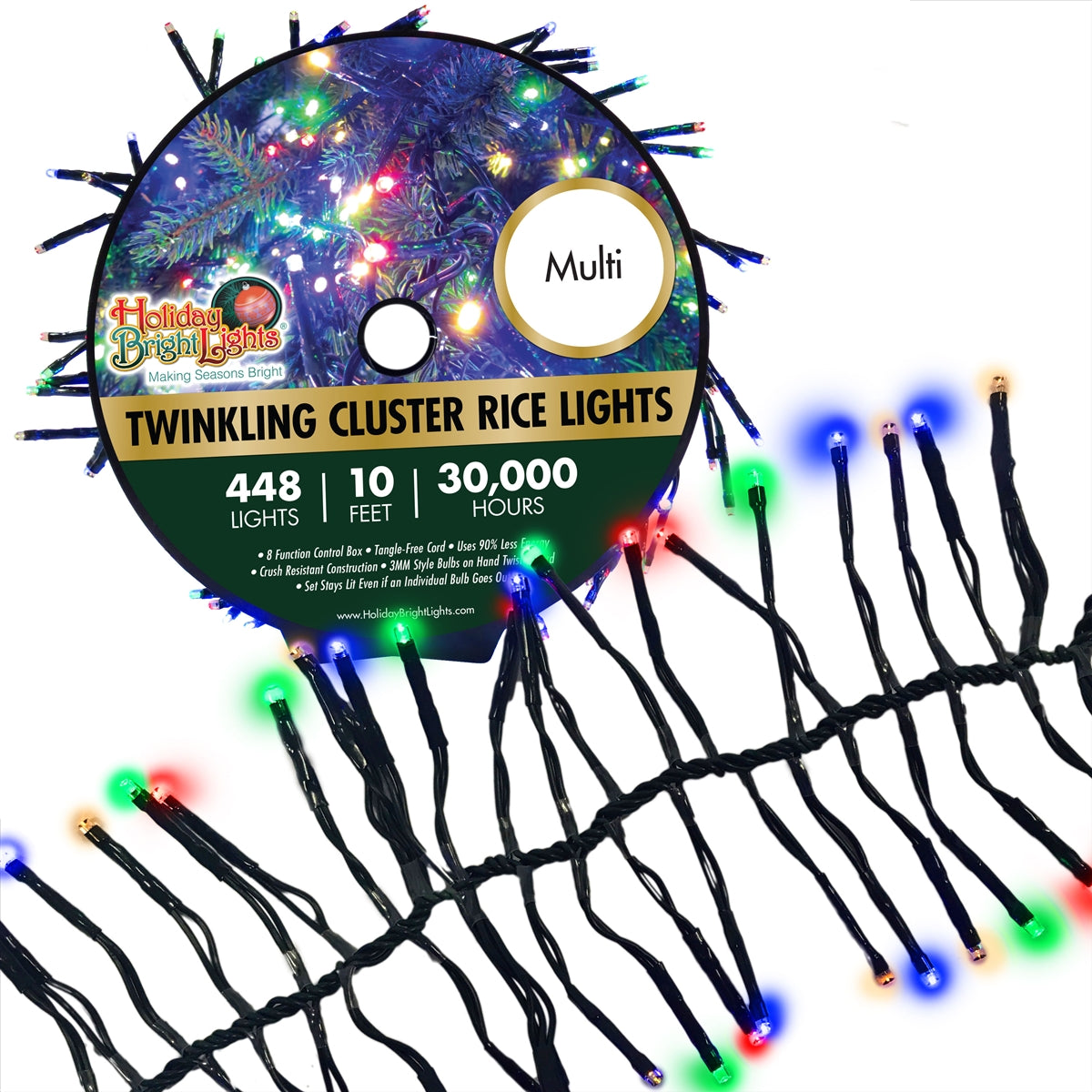 Holiday Bright LED-3MCR448-GMU Twinkling Cluster Rice 448 Multi Light Set, 10'
