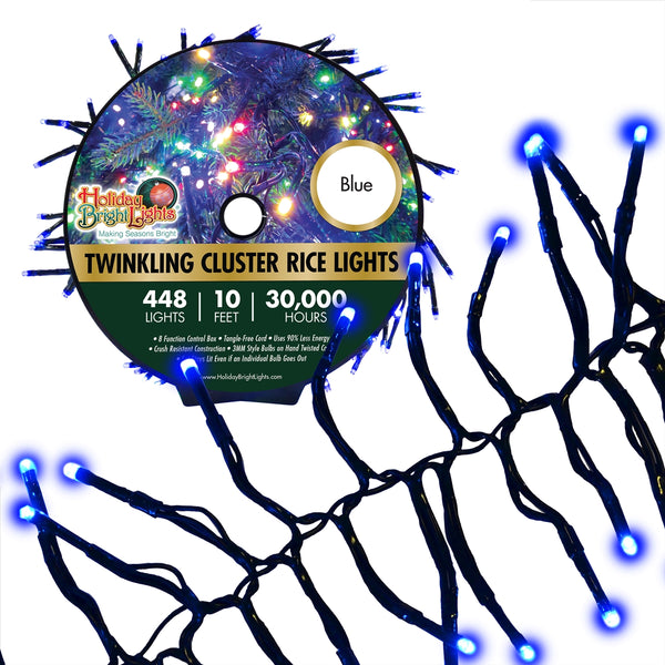 Holiday Bright LED-3MCR448-GBL Twinkling Cluster Rice 448 Blue Light Set, 10'