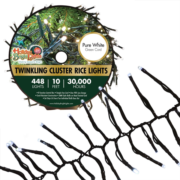 Holiday Bright LED-3MCR448-GPW Twinkling Cluster Rice 448 P-White Light Set, 10'