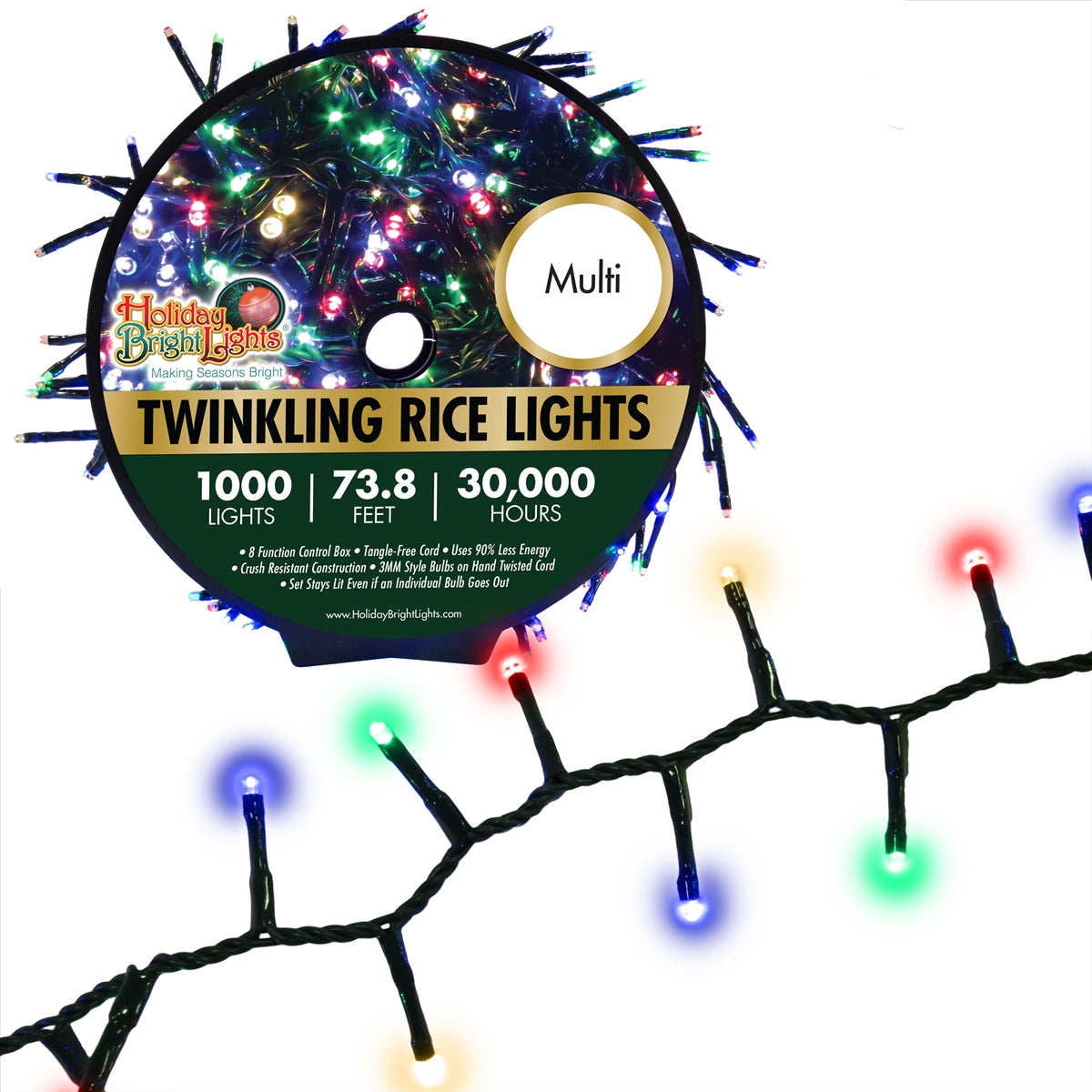 Holiday Bright LED-3MR1000-GMU Twinkling Straight Rice 1000 Multi Light Set, 74'