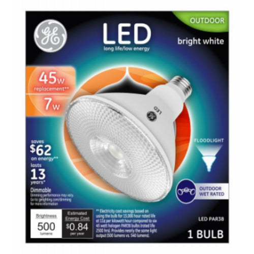 GE 38460 LED Dimmable PAR38 Medium Base Outdoor Floodlight Bulb, 7W, Bright White