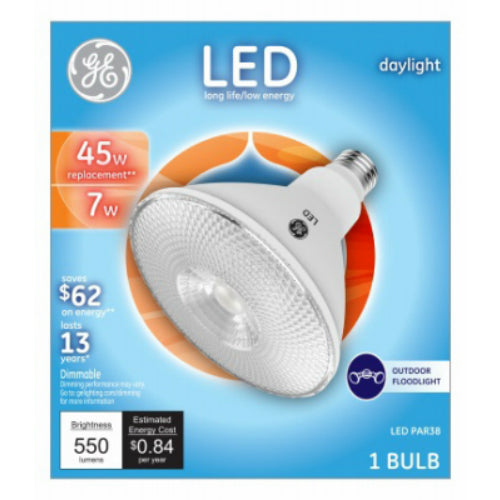 GE 38461 LED Dimmable PAR38 Medium Base Outdoor Floodlight Bulb, 7W, Daylight