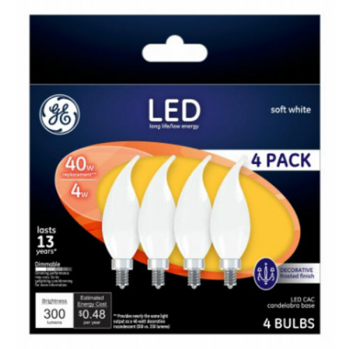 GE Lighting 37418 Frosted Candelabra Decorative LED Bulb, Soft White, 4W, 4-Pack