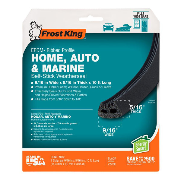 Frost King V27BK Ribbed EPDM Rubber Weatherseal Tape, Black, 5/16" x 9/16" x 10'