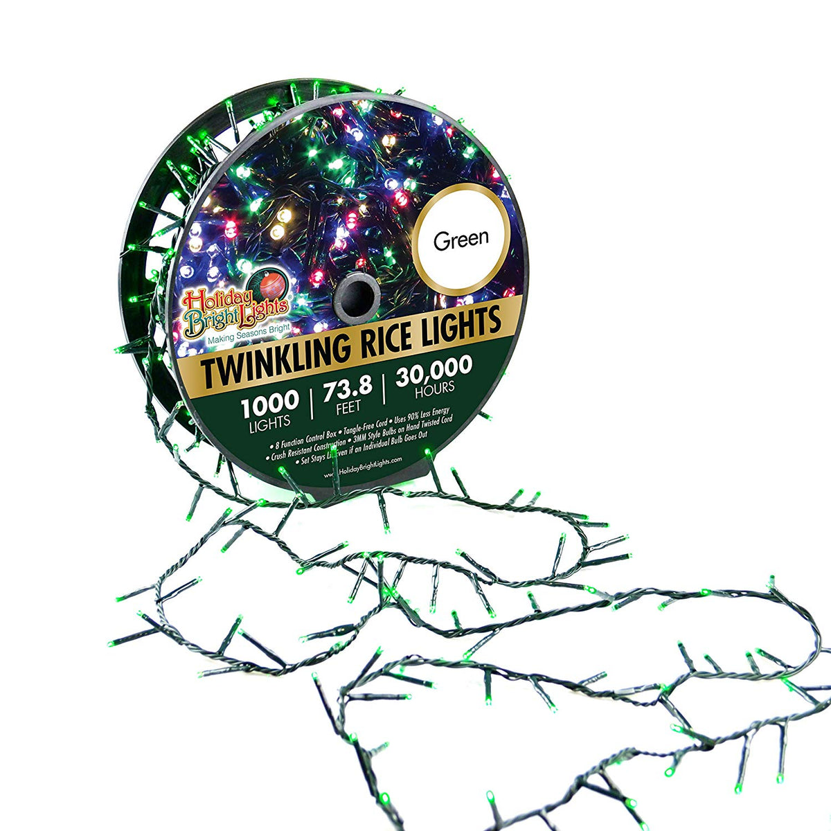 Holiday LED-3MR1000-GGR Christmas LED Twinkling Rice Reel 1000-Light Set, Green
