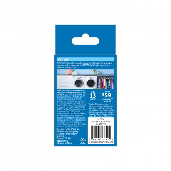 GE 31741 Refresh HD Dimmable LED Clear Candelabra Base Bulb, 4W, DayLight, 2-Pk