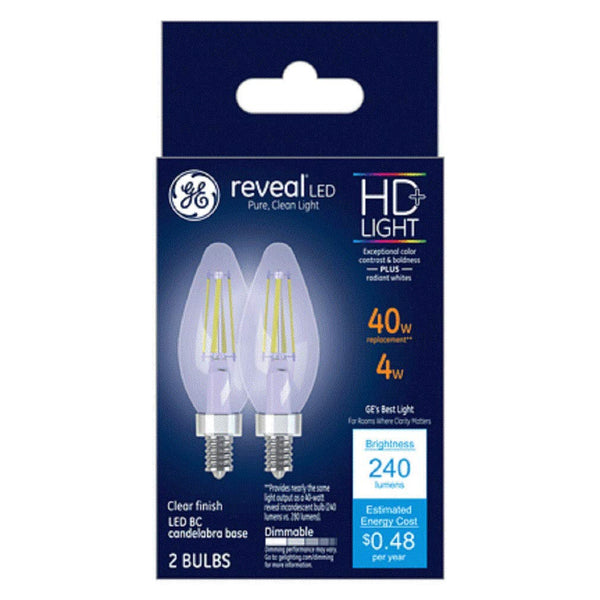 GE 31889 Reveal HD+ Dimmable LED Clear Candelabra Base Bulb 4W, Pure Clean, 2-Pk
