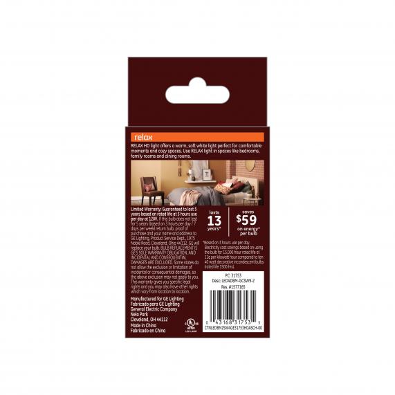GE 31753 Relax HD Dimmable LED Clear Medium Base Bulb, 4W, Soft White, 2-Pack