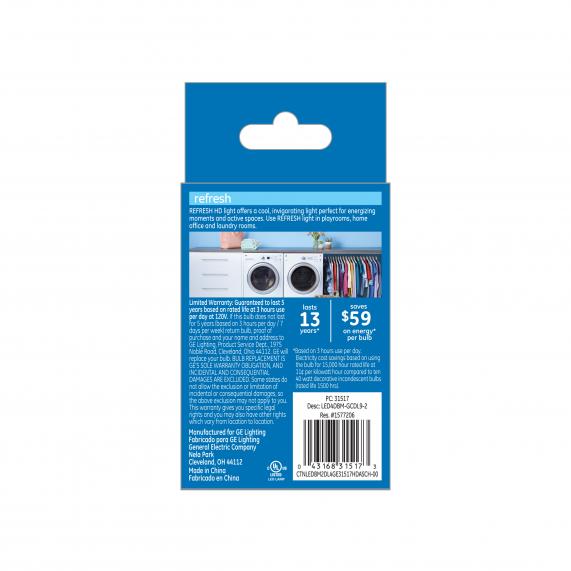 GE 31517 Refresh HD Dimmable LED Clear Medium Base Bulb, 4W, DayLight, 2-Pack