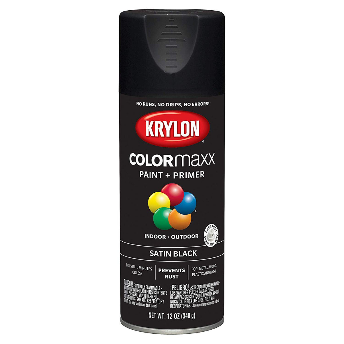 Krylon K05557007 COLORmaxx Paint & Primer Spray, Satin Black, 12 Oz