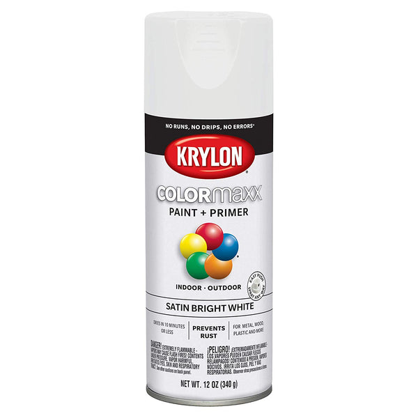 Krylon K05558007 COLORmaxx Paint & Primer Spray, Satin Bright White, 12 Oz