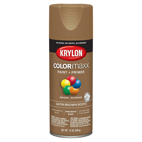 Krylon K05559007 COLORmaxx Paint + Primer Spray, Satin Brown Boots, 12 Oz