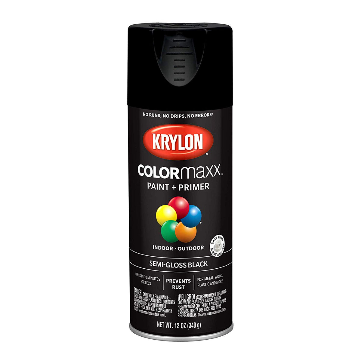 Krylon K05579007 COLORmaxx Paint + Primer Spray, Semi-Gloss Black, 12 Oz