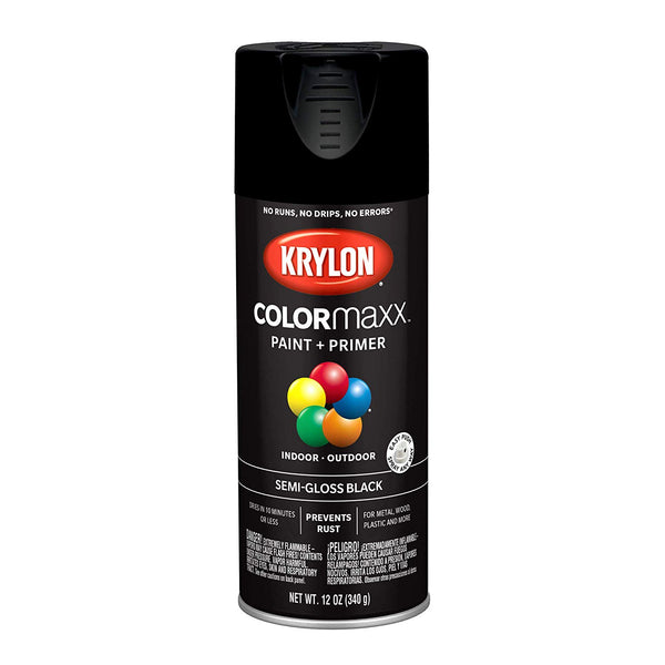 Krylon K05579007 COLORmaxx Paint + Primer Spray, Semi-Gloss Black, 12 Oz