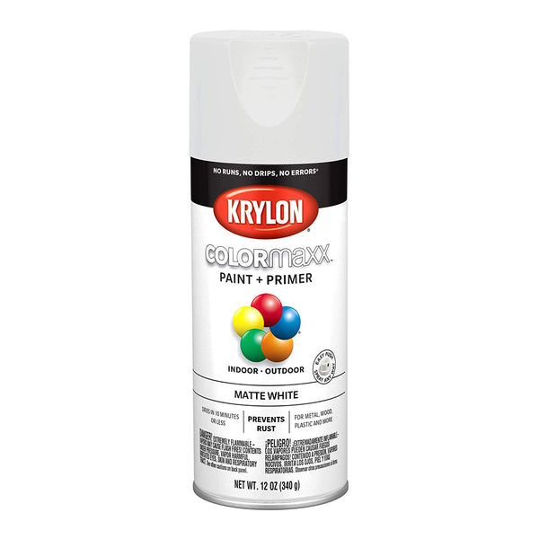 Krylon K05591007 COLORmaxx Paint + Primer Spray, Matte White, 12 Oz