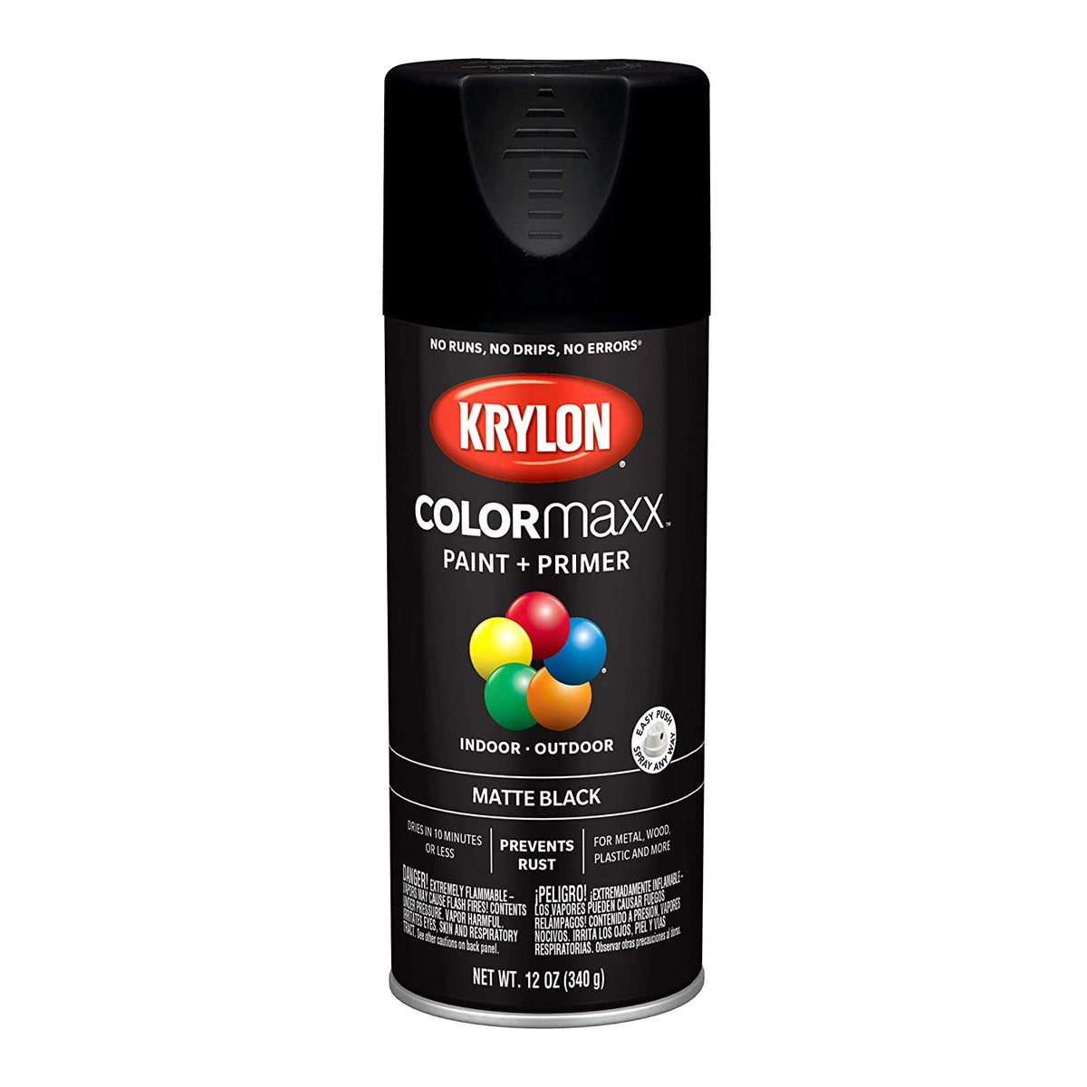 Krylon K05592007 COLORmaxx Paint + Primer Spray, Matte Black, 12 Oz