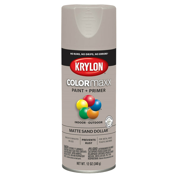 Krylon K05600007 COLORmaxx Paint + Primer Spray, Matte Sand Dollar, 12 Oz