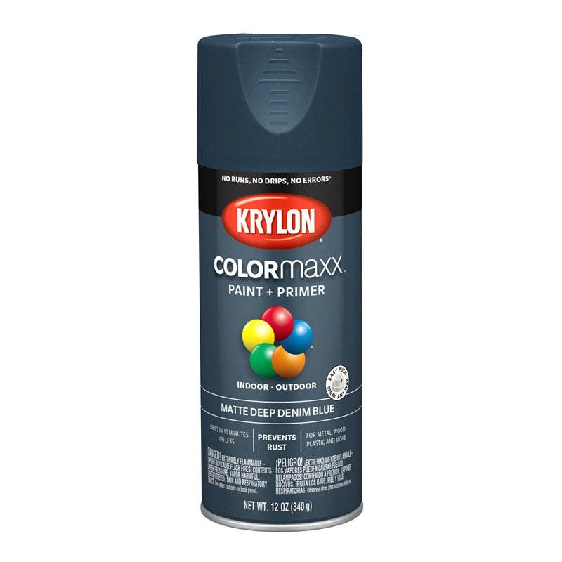 Krylon K05551007 COLORmaxx Paint + Primer Spray, Matte Deep Denim Blue, 12 Oz